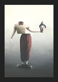 Surreal clown with severed head in hand, soft colors-5