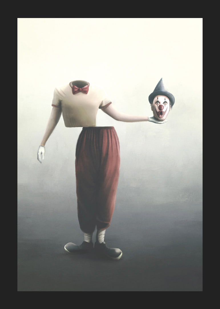 Surreal clown with severed head in hand, soft colors-12