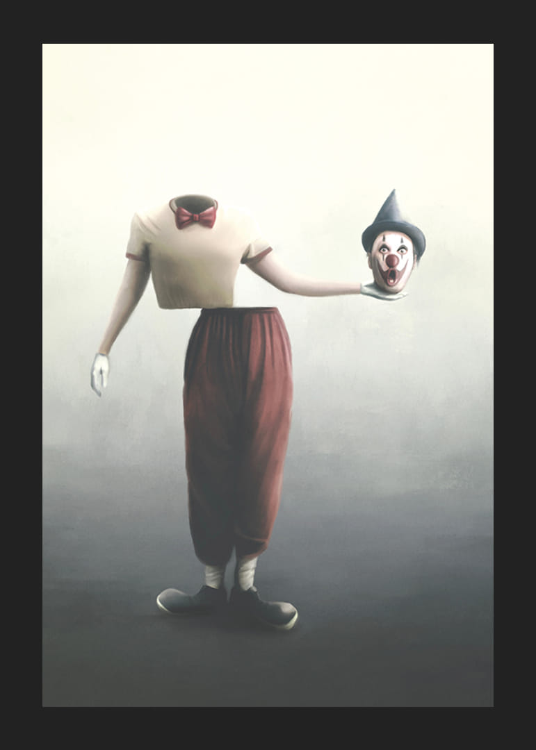 Payaso surrealista con cabeza cortada en la mano, colores suaves.-12
