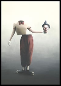 Surreal clown with severed head in hand, soft colors-6