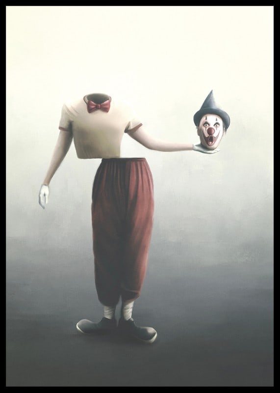 Surreal clown with severed head in hand, soft colors-12