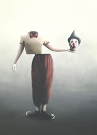 Surreal clown with severed head in hand, soft colors-7