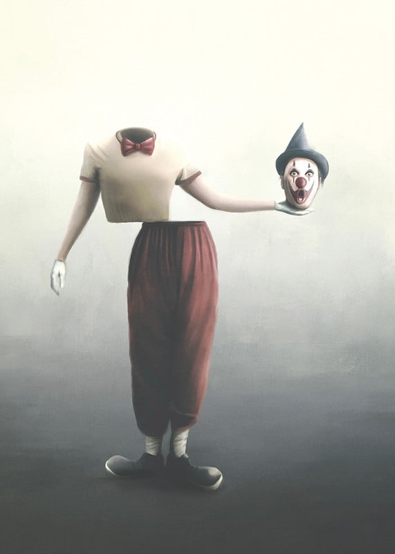 Surreal clown with severed head in hand, soft colors-12