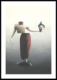 Surreal clown with severed head in hand, soft colors-0
