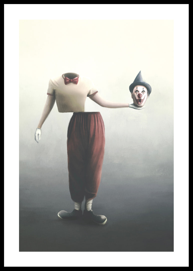 Surreal clown with severed head in hand, soft colors-12