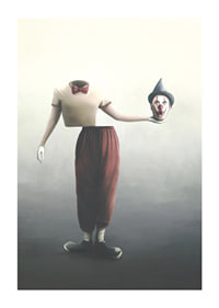 Surreal clown with severed head in hand, soft colors-1