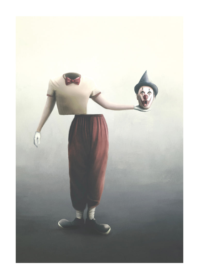 Surreal clown with severed head in hand, soft colors-12