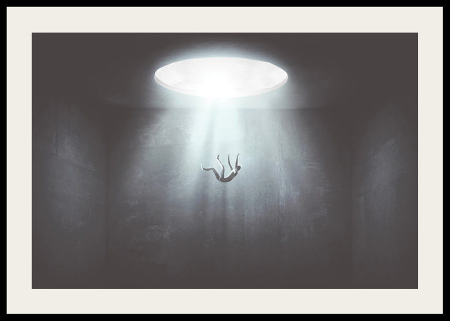 Illustrated figure falls from light opening into dark room-12
