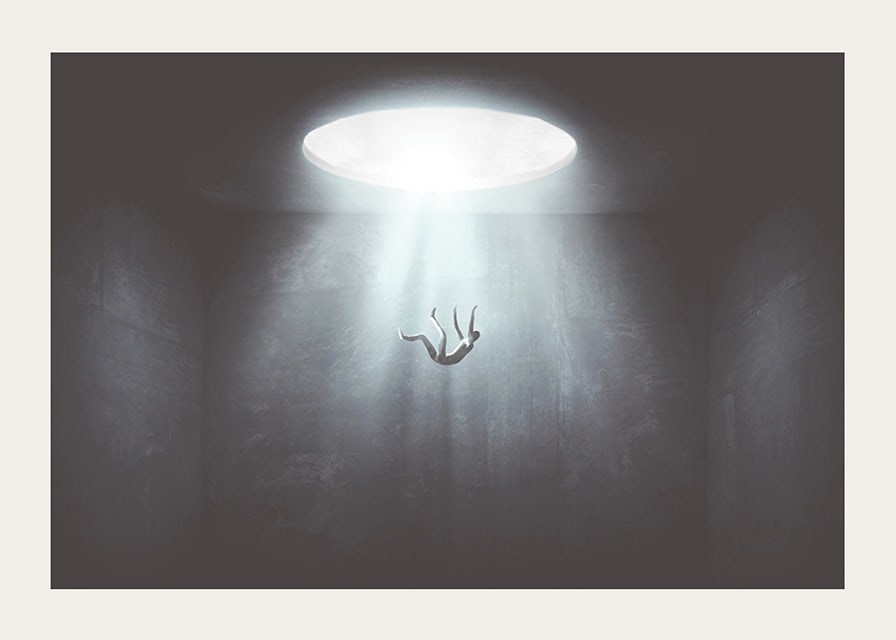 Illustrated figure falls from light opening into dark room-12