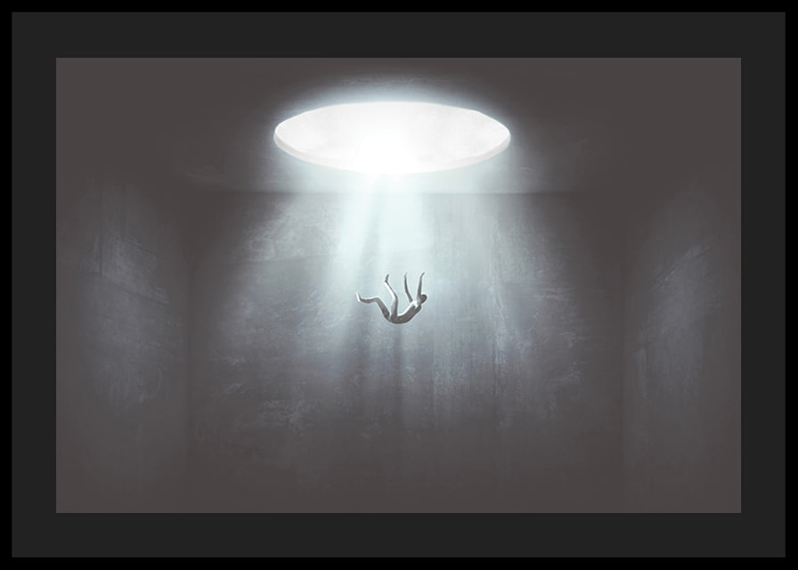 Illustrated figure falls from light opening into dark room-12