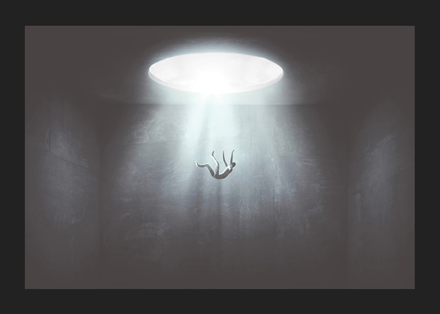 Illustrated figure falls from light opening into dark room-12