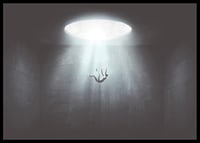 Illustrated figure falls from light opening into dark room-6