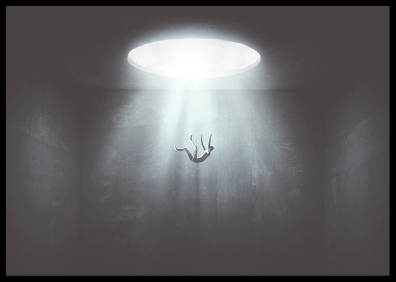 Illustrated figure falls from light opening into dark room-12