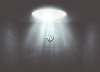 Illustrated figure falls from light opening into dark room-7