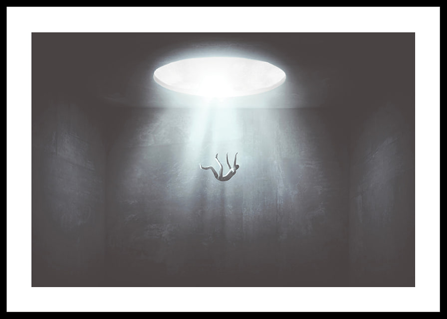 Illustrated figure falls from light opening into dark room-12
