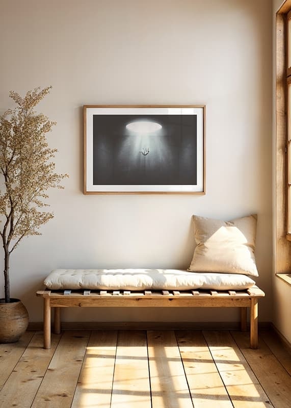 Illustrated figure falls from light opening into dark room-12