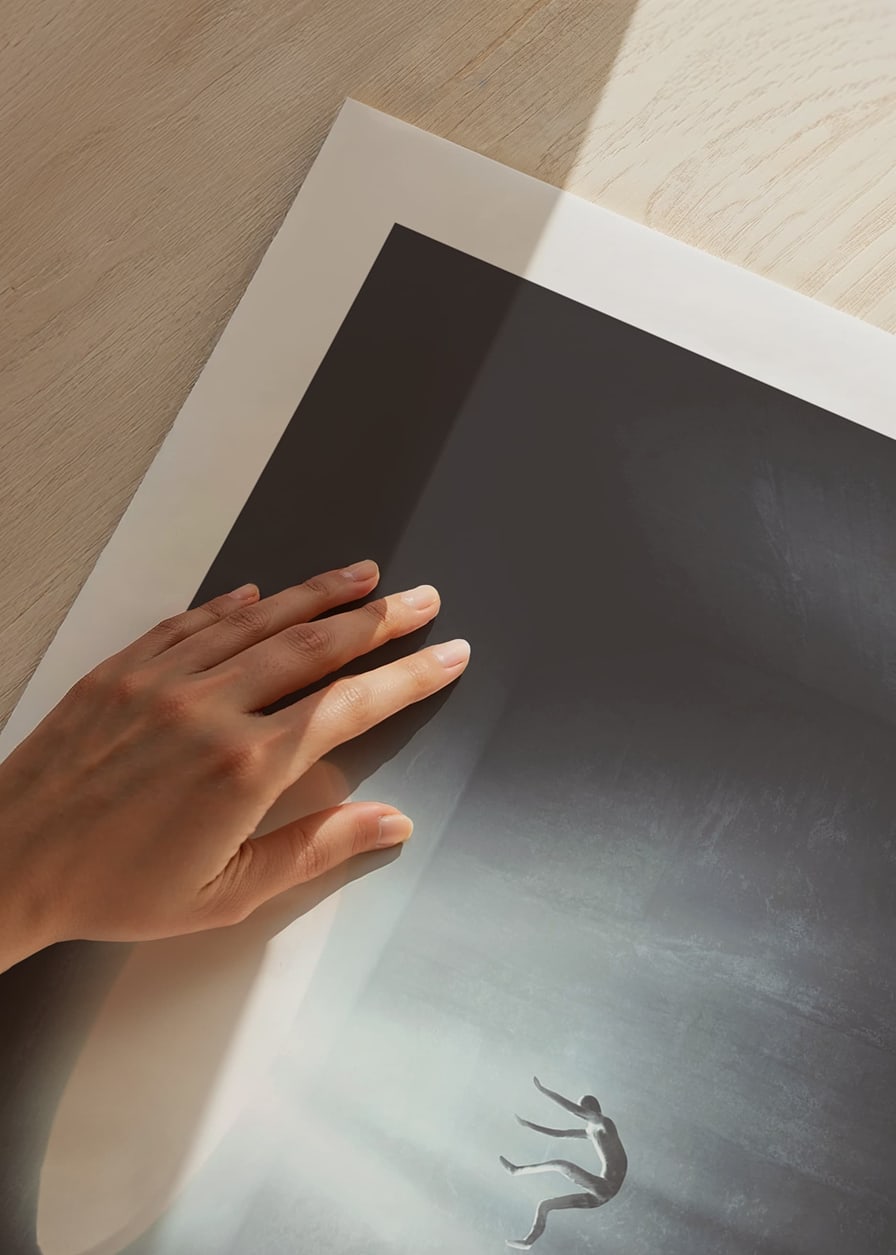 Illustrated figure falls from light opening into dark room-12