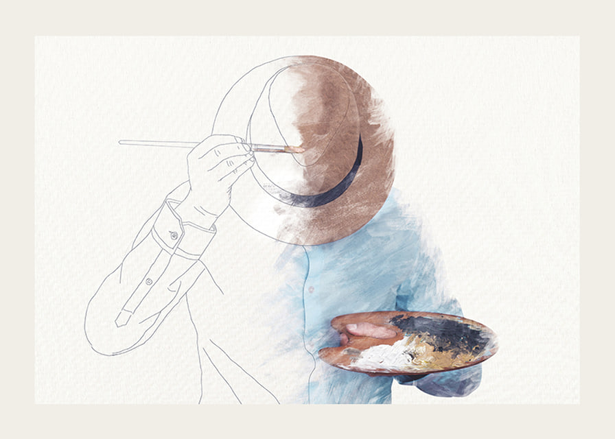 Surreale Illustration eines Mannes, der sein eigenes Gesicht bemalt-12