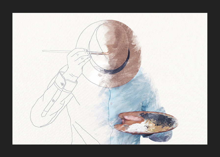 Surreale Illustration eines Mannes, der sein eigenes Gesicht bemalt-12