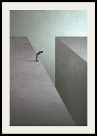 Illustrated man at the edge of wide gorge in gray tones-2