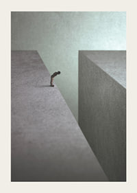 Illustrated man at the edge of wide gorge in gray tones-3