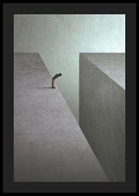 Illustrated man at the edge of wide gorge in gray tones-4
