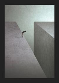 Illustrated man at the edge of wide gorge in gray tones-5