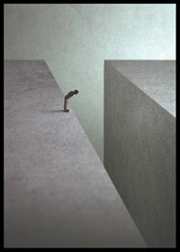 Illustrated man at the edge of wide gorge in gray tones-6