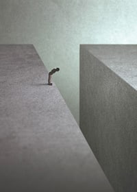 Illustrated man at the edge of wide gorge in gray tones-7