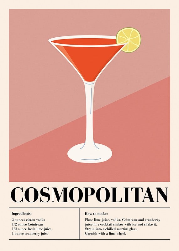 Cosmopolitan rojo ilustrado en copa de martini con rodaja de lima-12