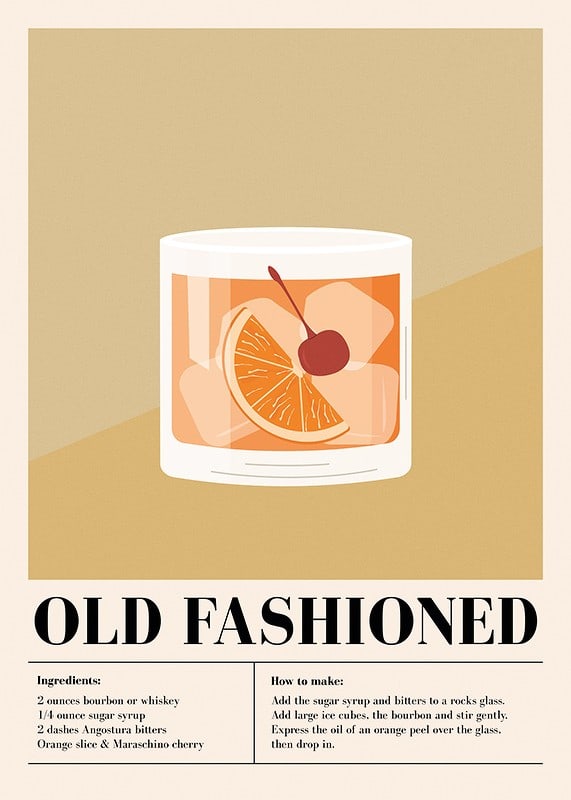 Grafisk illustration av old fashioned-drink med apelsin och körsbär-12
