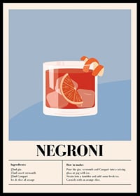 Ilustrēti Negroni glāzē ar apelsīna šķēli uz zila fona-0