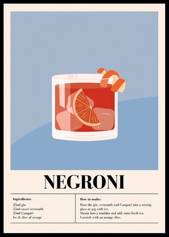 Ilustrēti Negroni glāzē ar apelsīna šķēli uz zila fona-12