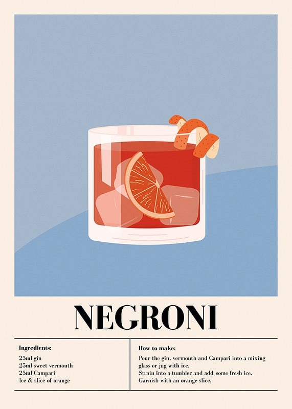 Ilustrēti Negroni glāzē ar apelsīna šķēli uz zila fona-12