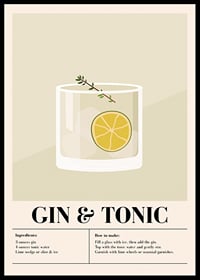 Illustrerad gin och tonic med lime och timjankvist mot beige bakgrund-0