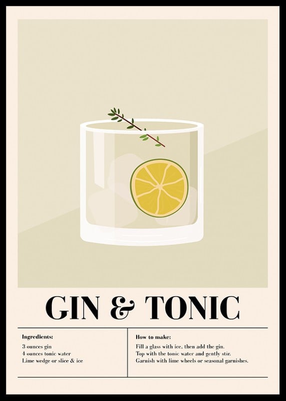 Illustrerad gin och tonic med lime och timjankvist mot beige bakgrund-12