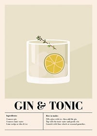 Illustrerad gin och tonic med lime och timjankvist mot beige bakgrund-1