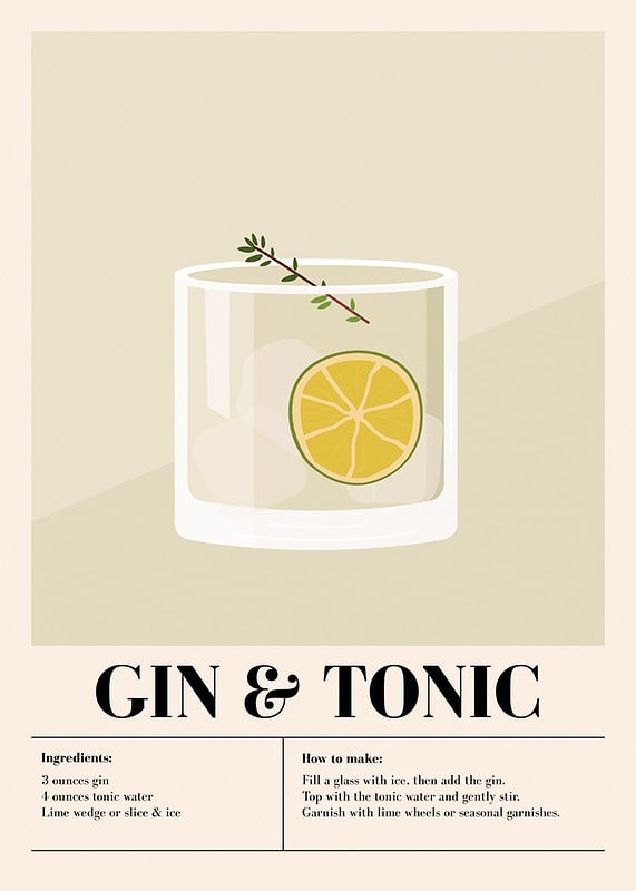 Illustrerad gin och tonic med lime och timjankvist mot beige bakgrund-12