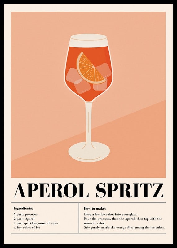 Illustration of Aperol Spritz in wine glass on peach colored background-12