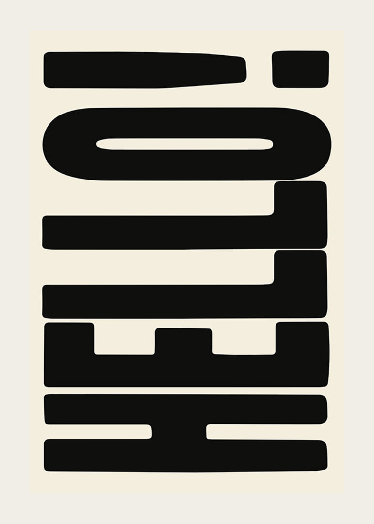 Graphic text illustration with black shapes on beige background-12