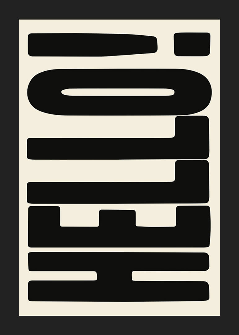 Graficzna ilustracja tekstowa z czarnymi kształtami na beżowym tle-12