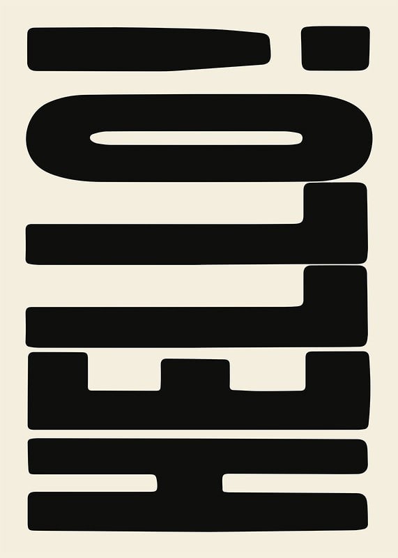 Graphic text illustration with black shapes on beige background-12