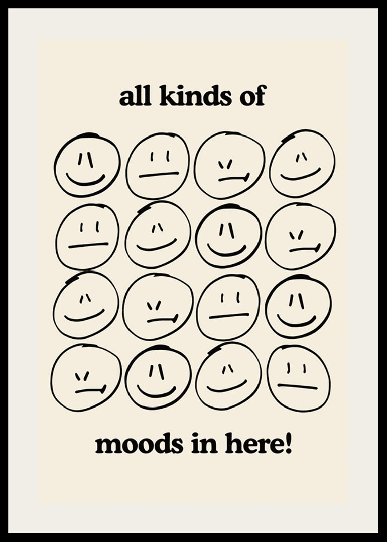 Graphic illustration of different facial expressions in black on beige-12
