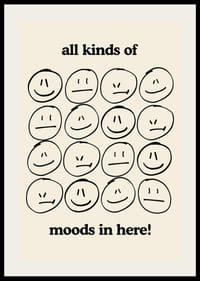 Illustrazione grafica di diverse espressioni facciali in nero su beige-2