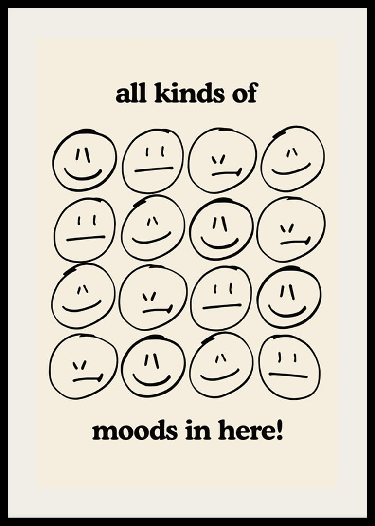 Illustrazione grafica di diverse espressioni facciali in nero su beige-12