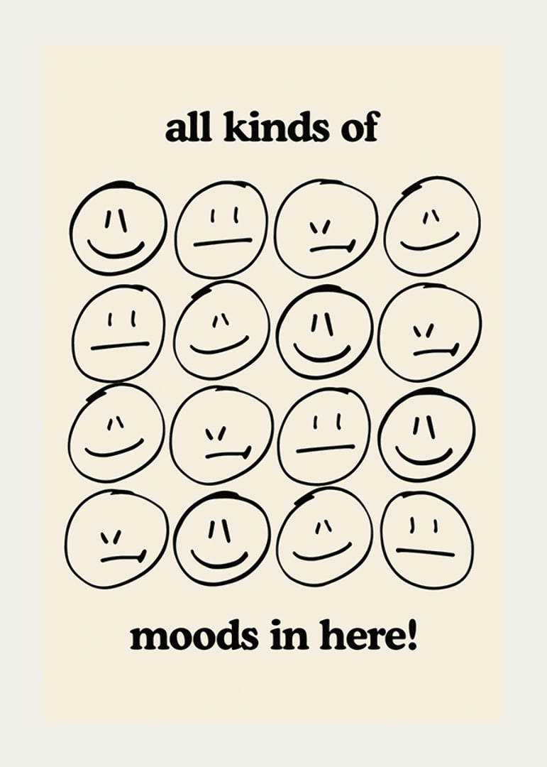 Graphic illustration of different facial expressions in black on beige-12