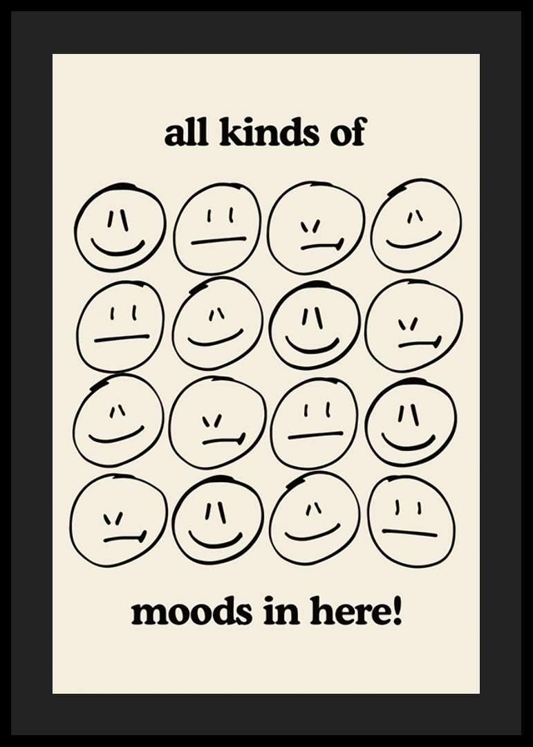 Graphic illustration of different facial expressions in black on beige-12
