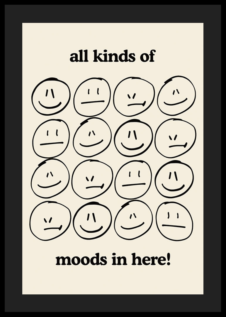 Illustrazione grafica di diverse espressioni facciali in nero su beige-12