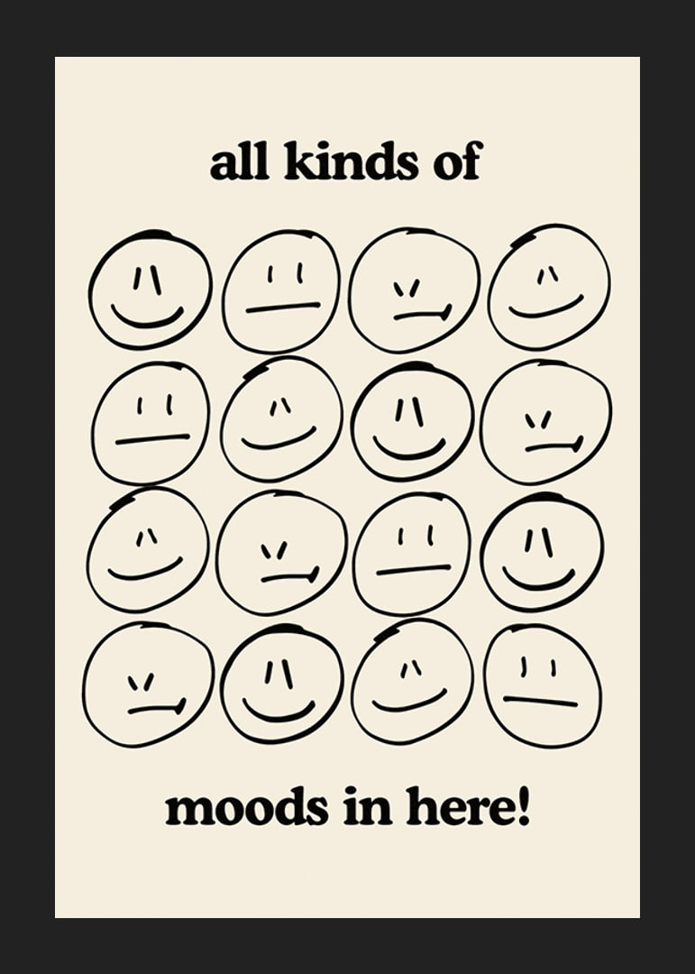 Graphic illustration of different facial expressions in black on beige-12