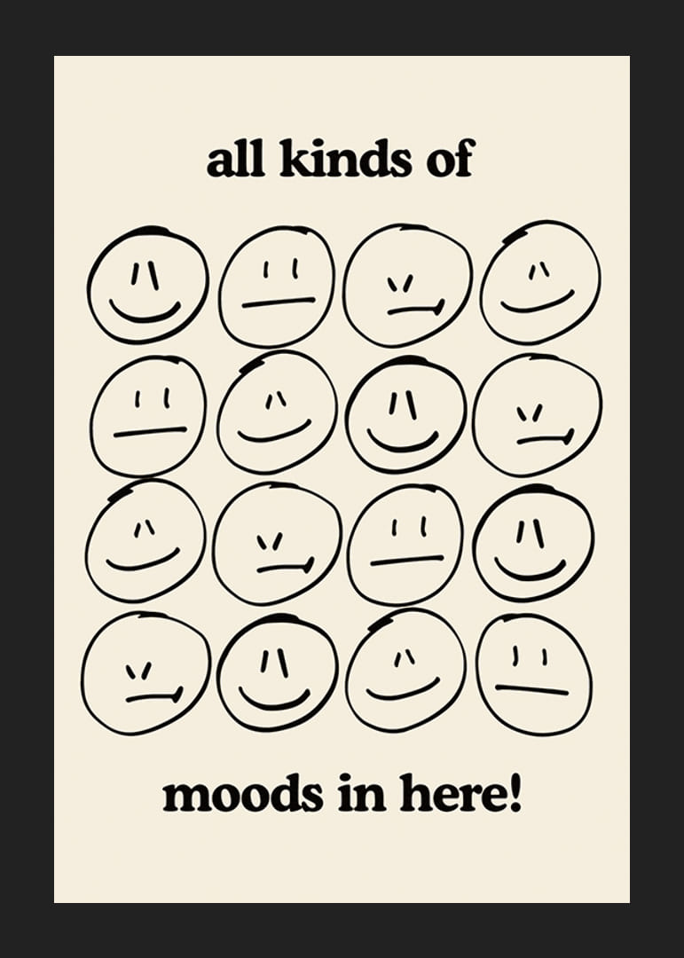 Illustrazione grafica di diverse espressioni facciali in nero su beige-12